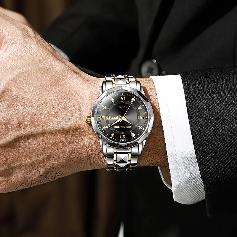 Men's Quartz Watch with Rivet Steel Band & Day/Week Display - Image 6