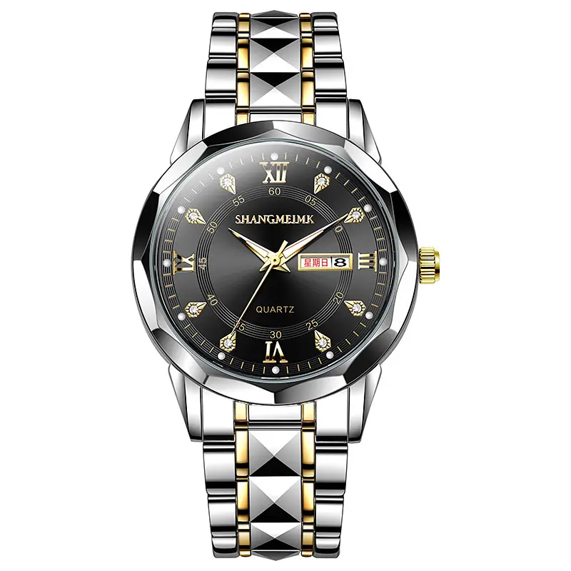 Men's Quartz Watch with Rivet Steel Band & Day/Week Display - Image 2