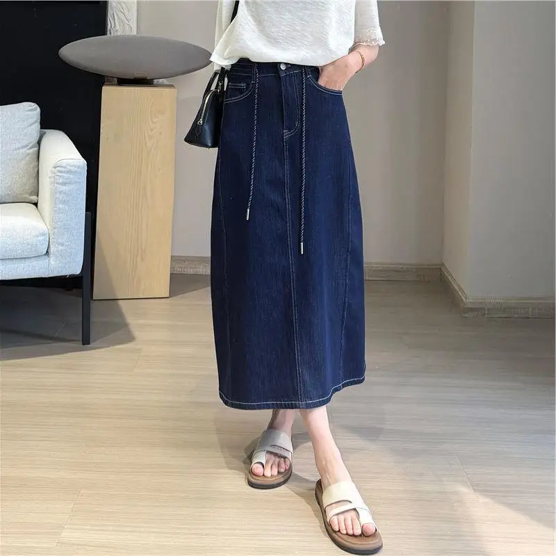 Women Denim Side Slit Skirt Dark Blue
