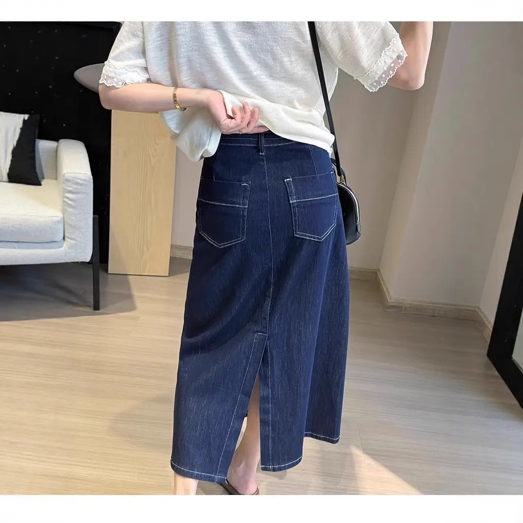Women Denim Side Slit Skirt Dark Blue