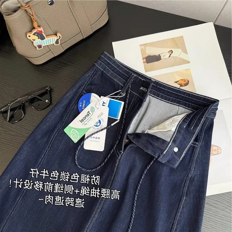 Women Denim Side Slit Skirt Dark Blue