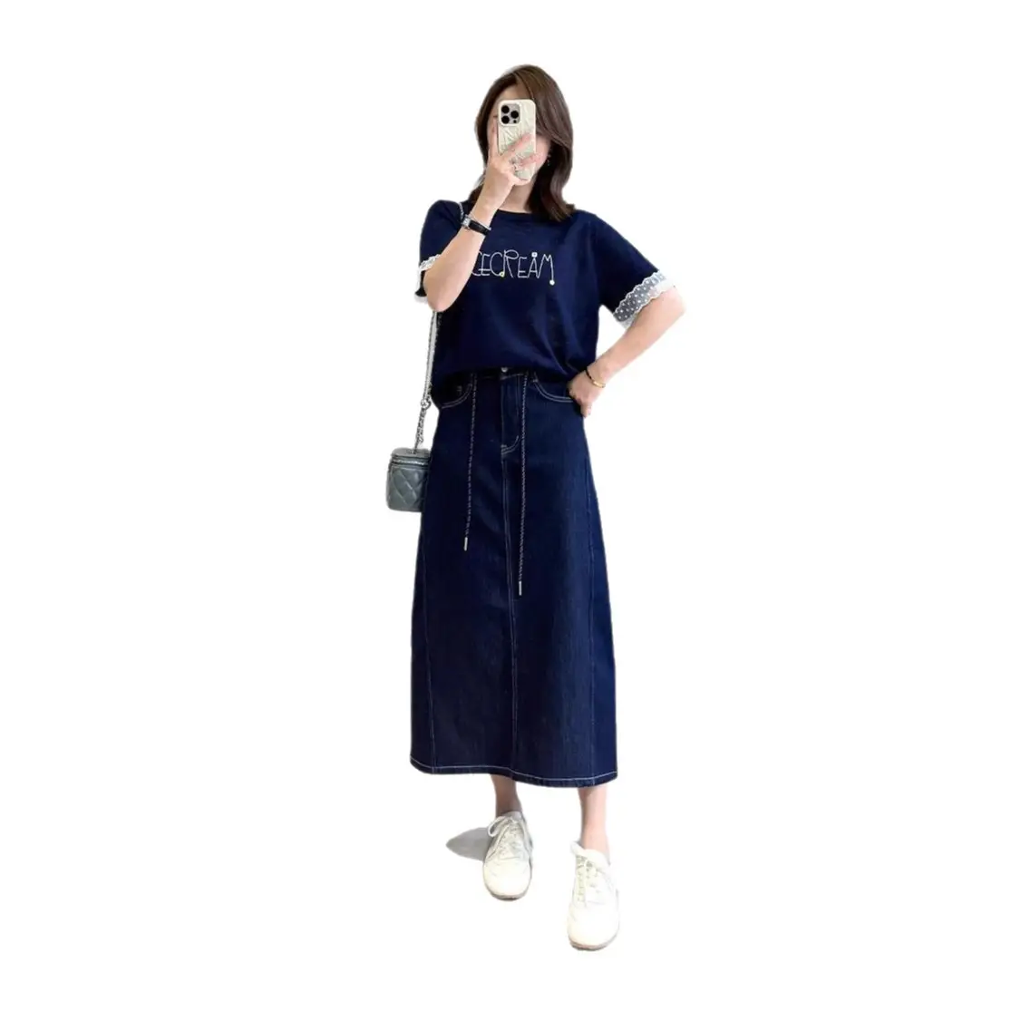 Women Denim Side Slit Skirt Dark Blue