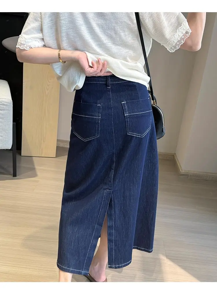 Women Denim Side Slit Skirt Dark Blue — feature 10