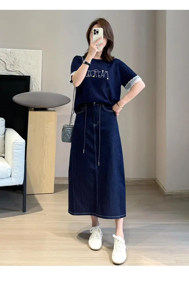 Women Denim Side Slit Skirt Dark Blue — feature 11