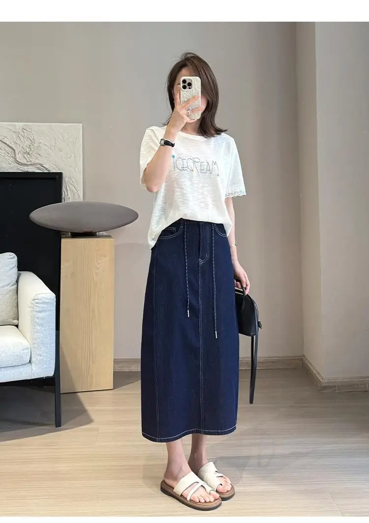 Women Denim Side Slit Skirt Dark Blue — feature 8