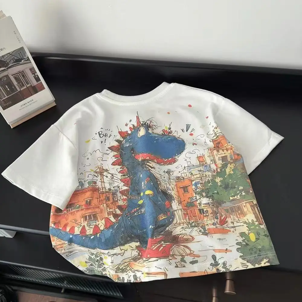 Kids Cotton Cartoon T-Shirt White Round Neck Summer - Image 2