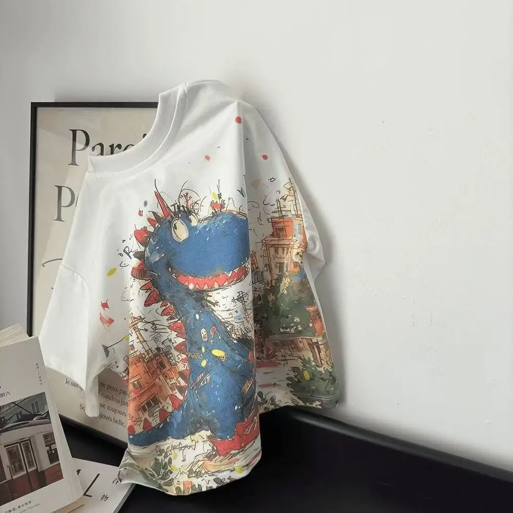 Kids Cotton Cartoon T-Shirt White Round Neck Summer - Image 4