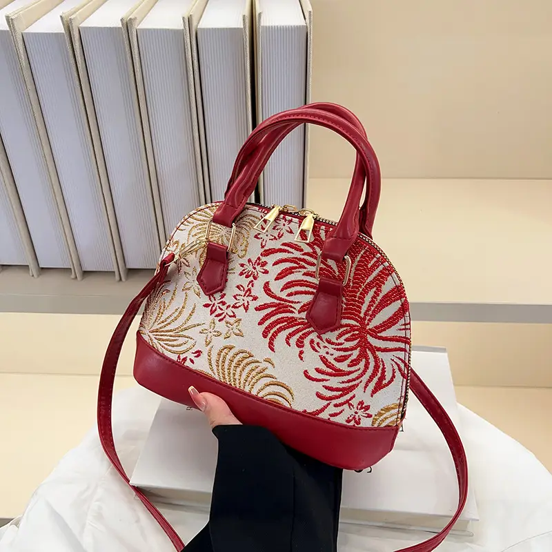 Red Embroidered Shell Handbag for Women - Image 5
