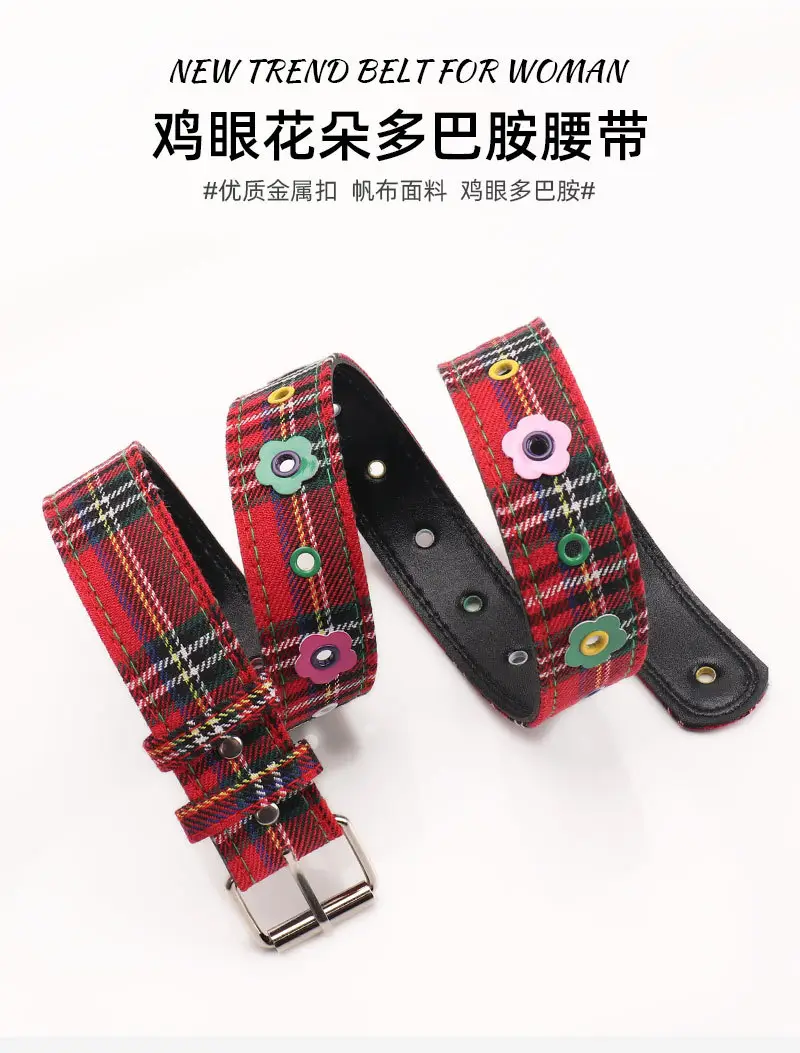 Women's Red Plaid Eyelet Flower Belt for Y2K Style — feature 10