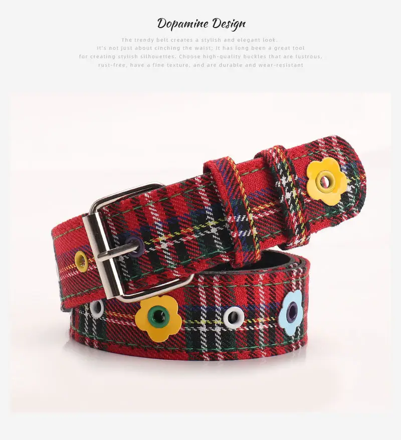 Women's Red Plaid Eyelet Flower Belt for Y2K Style — feature 11