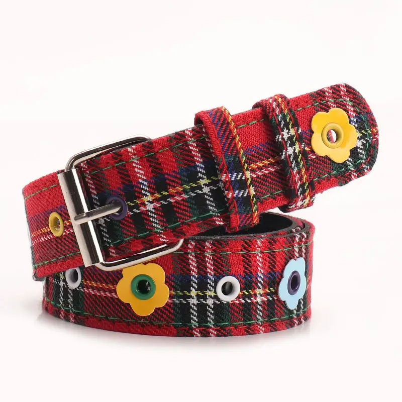 Women's Red Plaid Eyelet Flower Belt for Y2K Style - Image 2