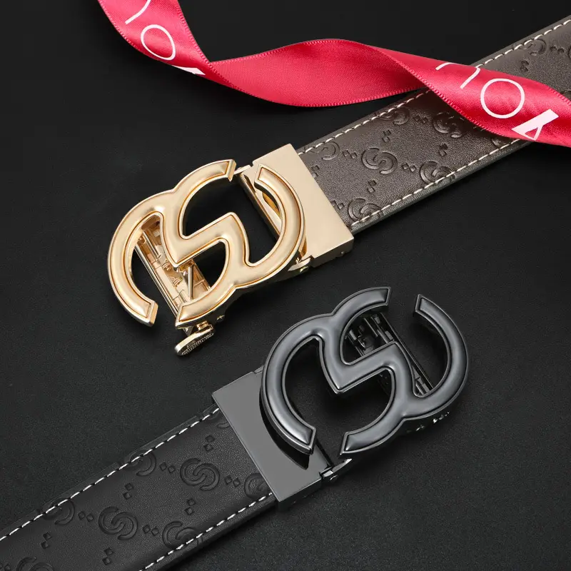 Men's Gold Logo Buckle Belt Black Leather - Image 4