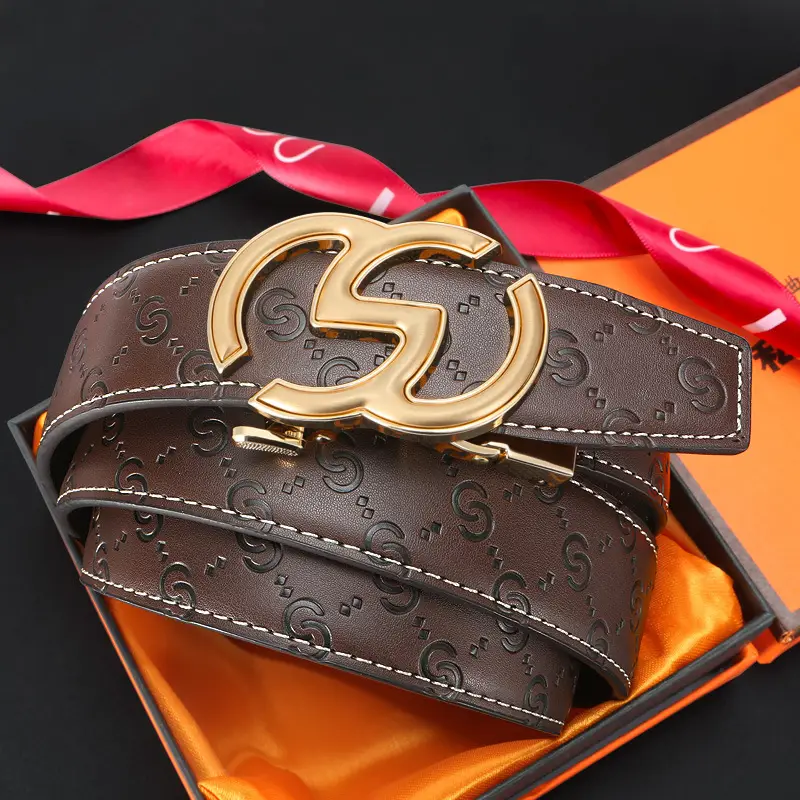 Men's Gold Logo Buckle Belt Black Leather - Image 5