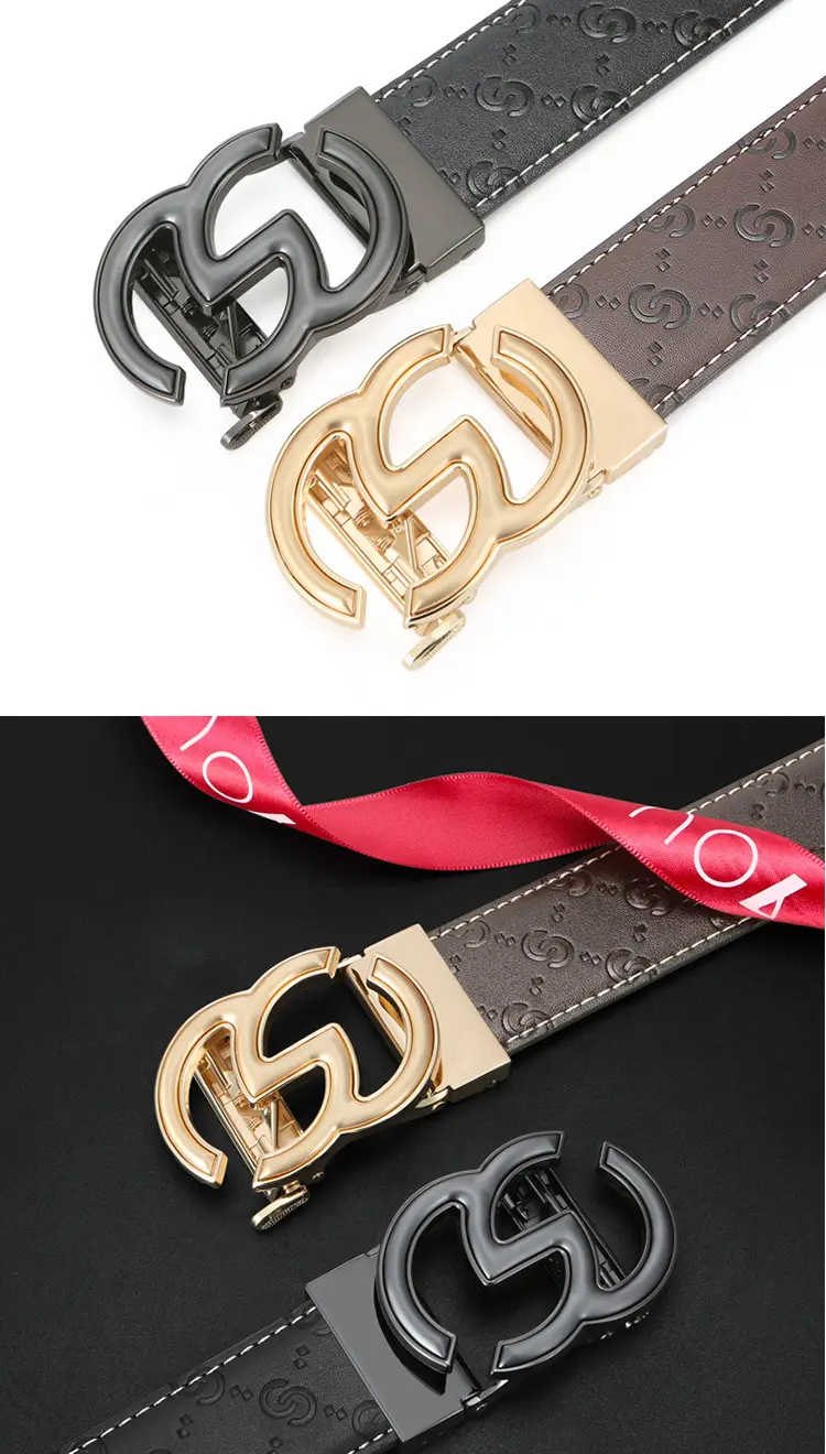 Men's Gold Logo Buckle Belt Black Leather — feature 8