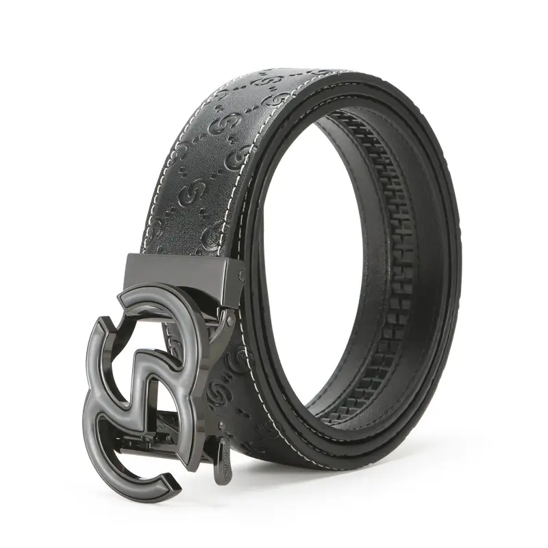 Men's Gold Logo Buckle Belt Black Leather - Image 2