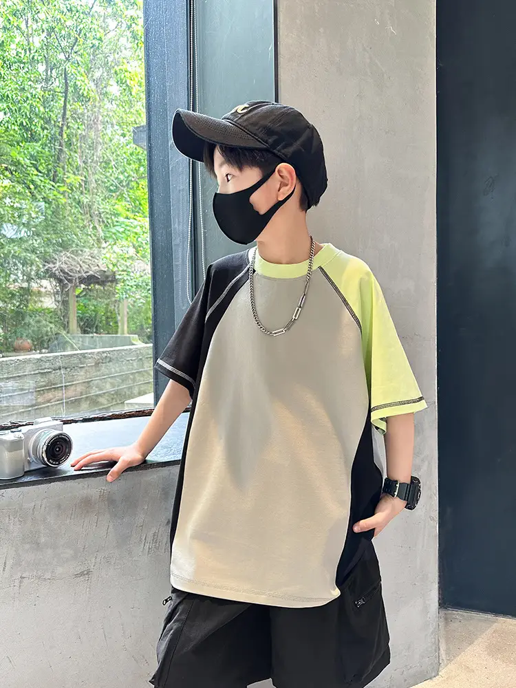 Summer Boys T-shirt Beige Yellow Patchwork Half Sleeve