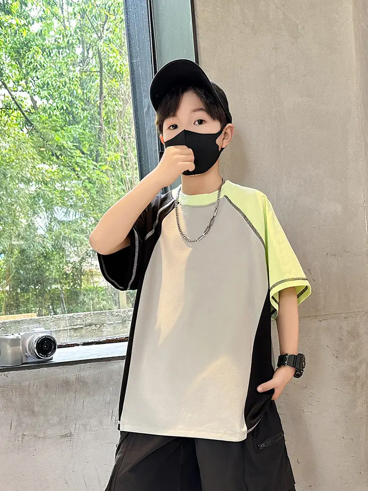 Summer Boys T-shirt Beige Yellow Patchwork Half Sleeve