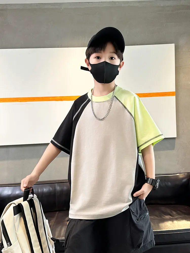 Summer Boys T-shirt Beige Yellow Patchwork Half Sleeve