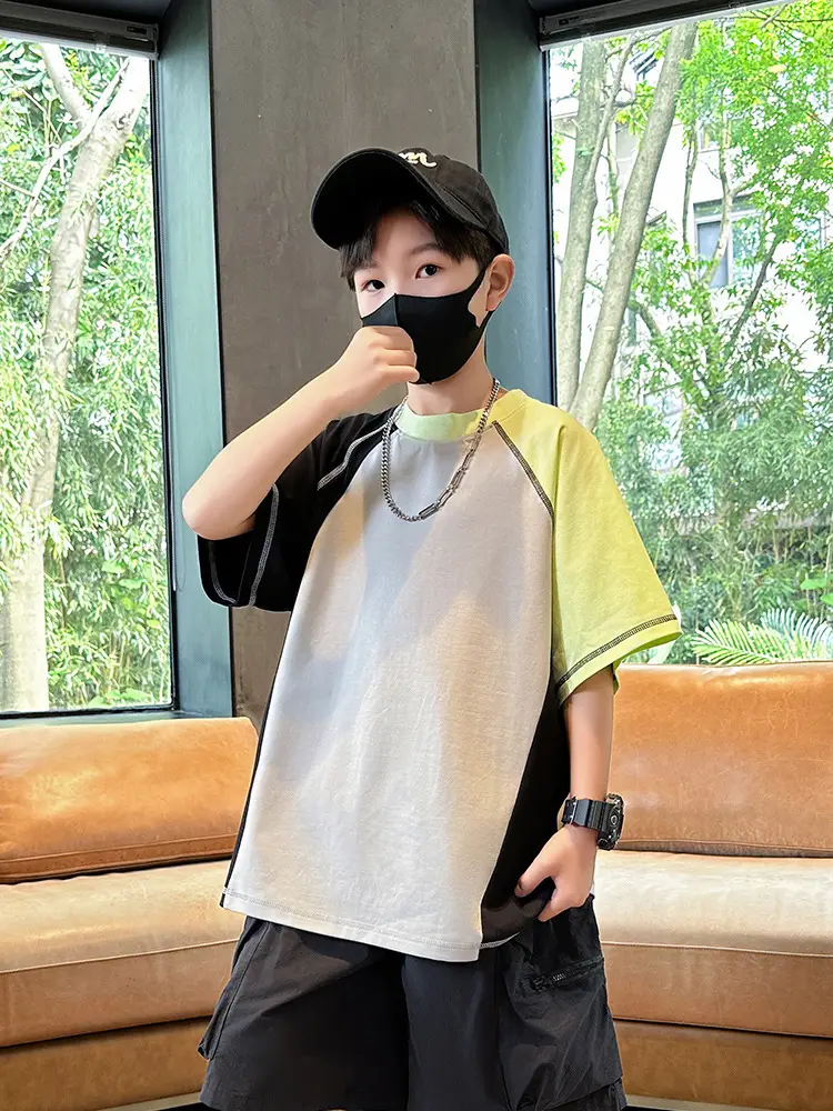 Summer Boys T-shirt Beige Yellow Patchwork Half Sleeve