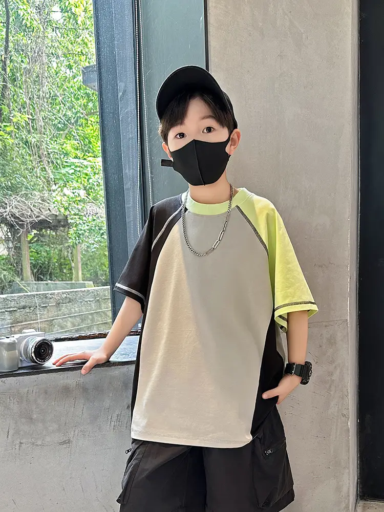 Summer Boys T-shirt Beige Yellow Patchwork Half Sleeve