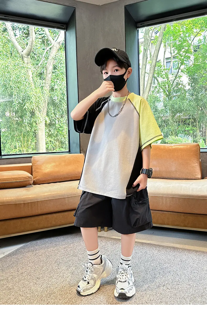 Summer Boys T-shirt Beige Yellow Patchwork Half Sleeve — feature 12