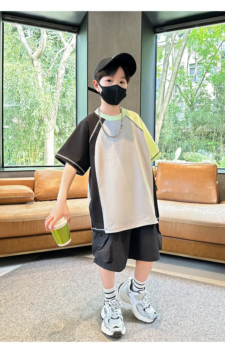 Summer Boys T-shirt Beige Yellow Patchwork Half Sleeve — feature 13