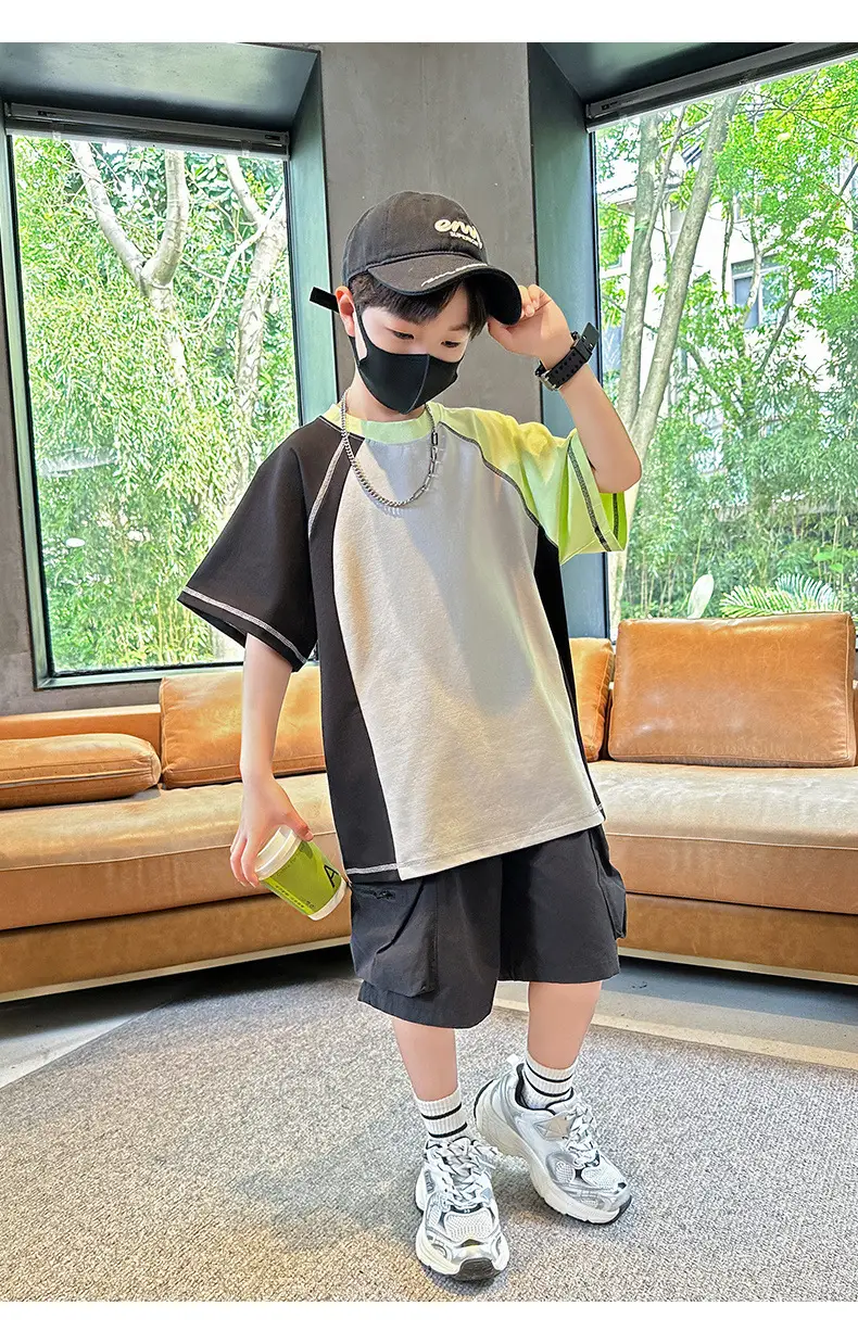 Summer Boys T-shirt Beige Yellow Patchwork Half Sleeve — feature 14