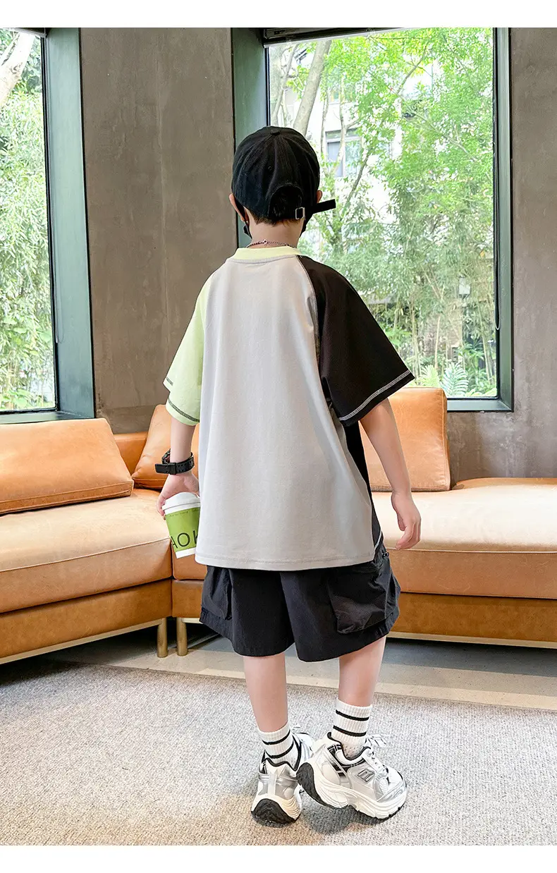 Summer Boys T-shirt Beige Yellow Patchwork Half Sleeve — feature 15