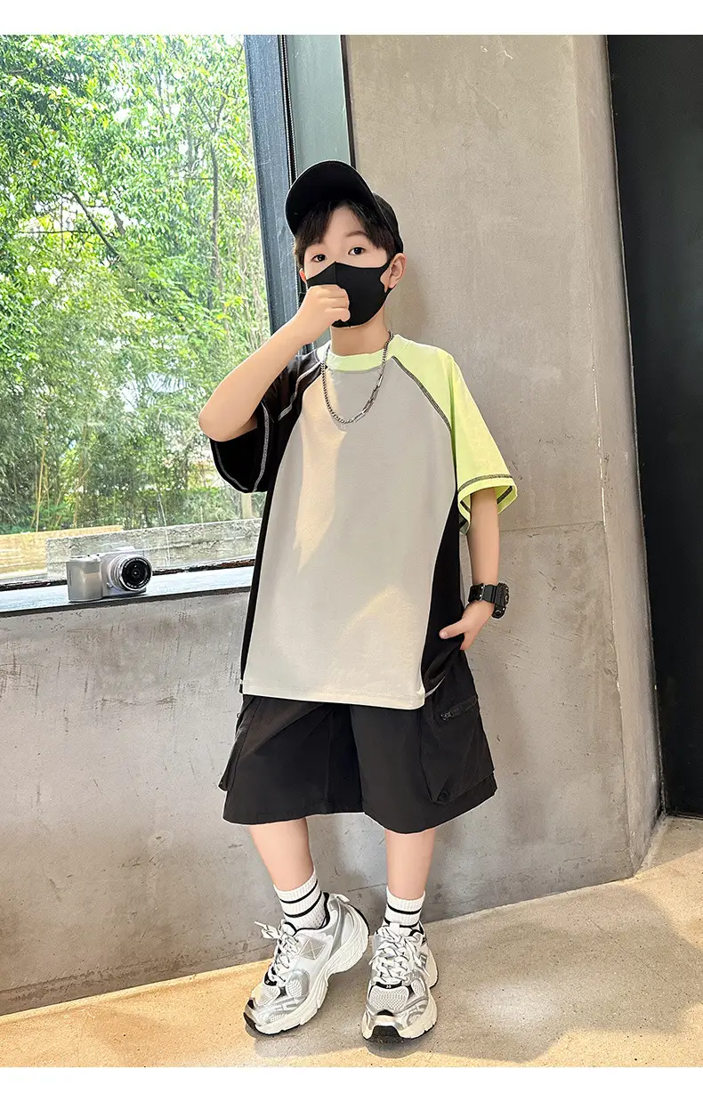Summer Boys T-shirt Beige Yellow Patchwork Half Sleeve — feature 16