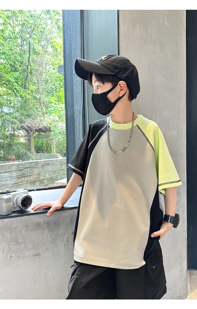 Summer Boys T-shirt Beige Yellow Patchwork Half Sleeve — feature 17
