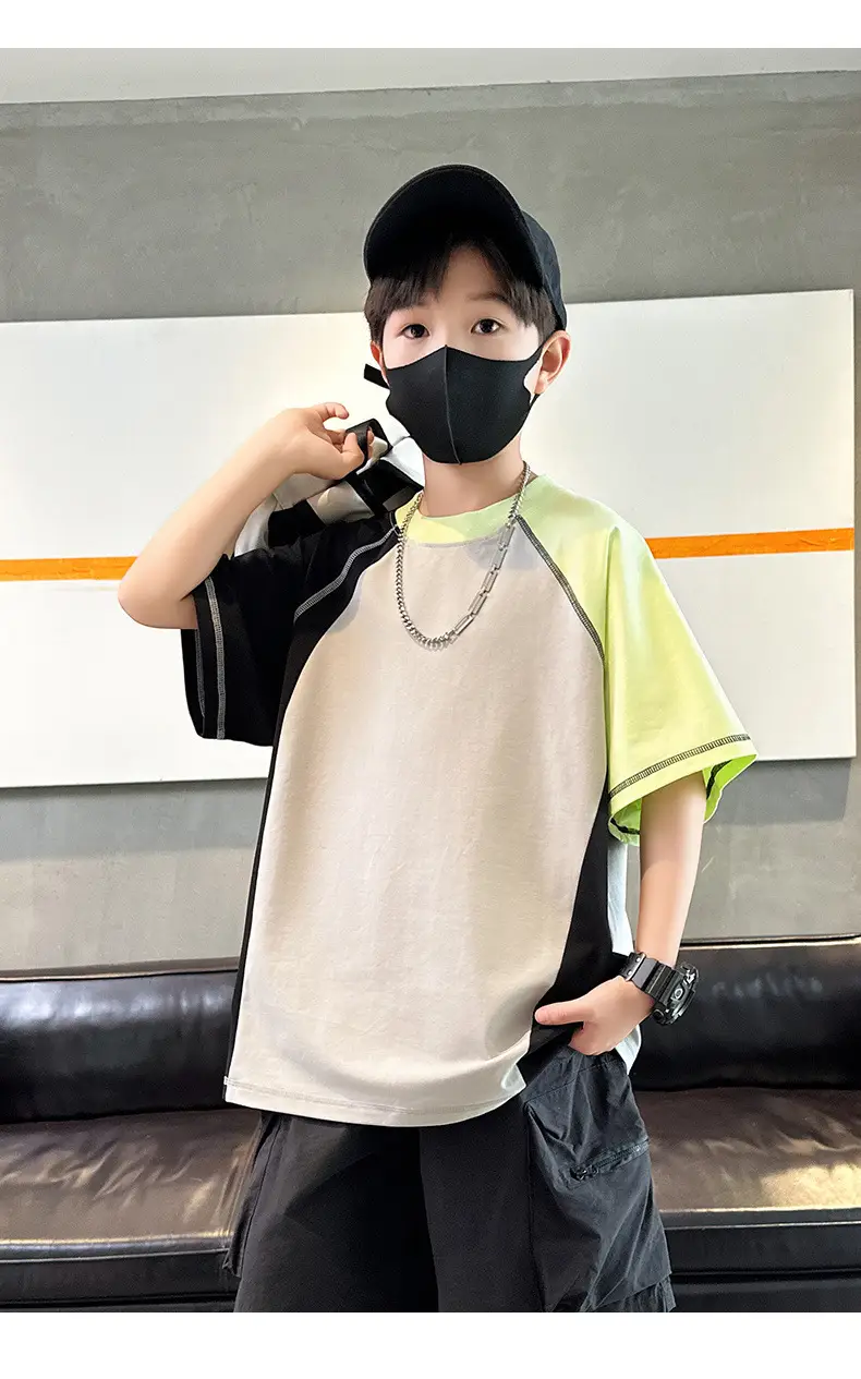 Summer Boys T-shirt Beige Yellow Patchwork Half Sleeve — feature 18