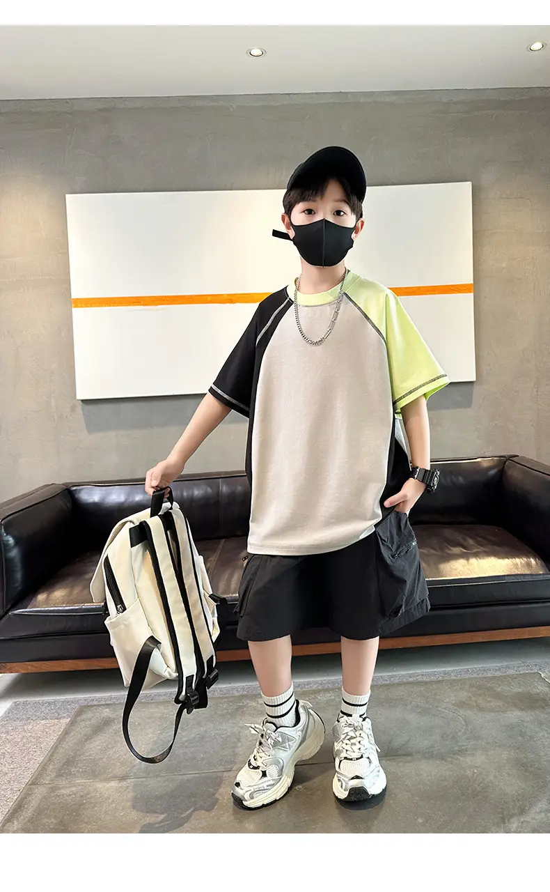 Summer Boys T-shirt Beige Yellow Patchwork Half Sleeve — feature 19