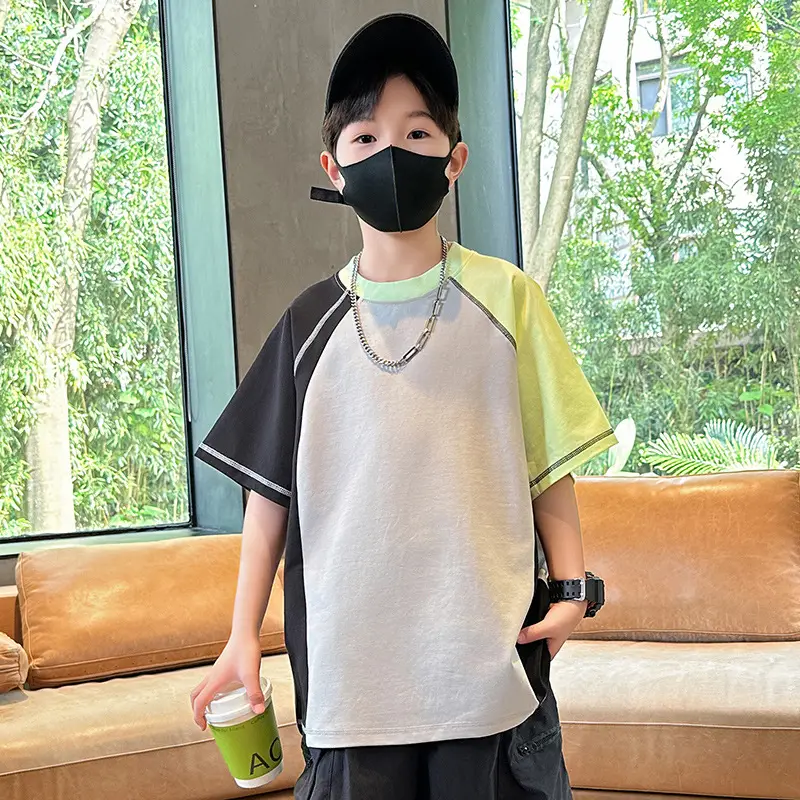 Summer Boys T-shirt Beige Yellow Patchwork Half Sleeve — feature 3