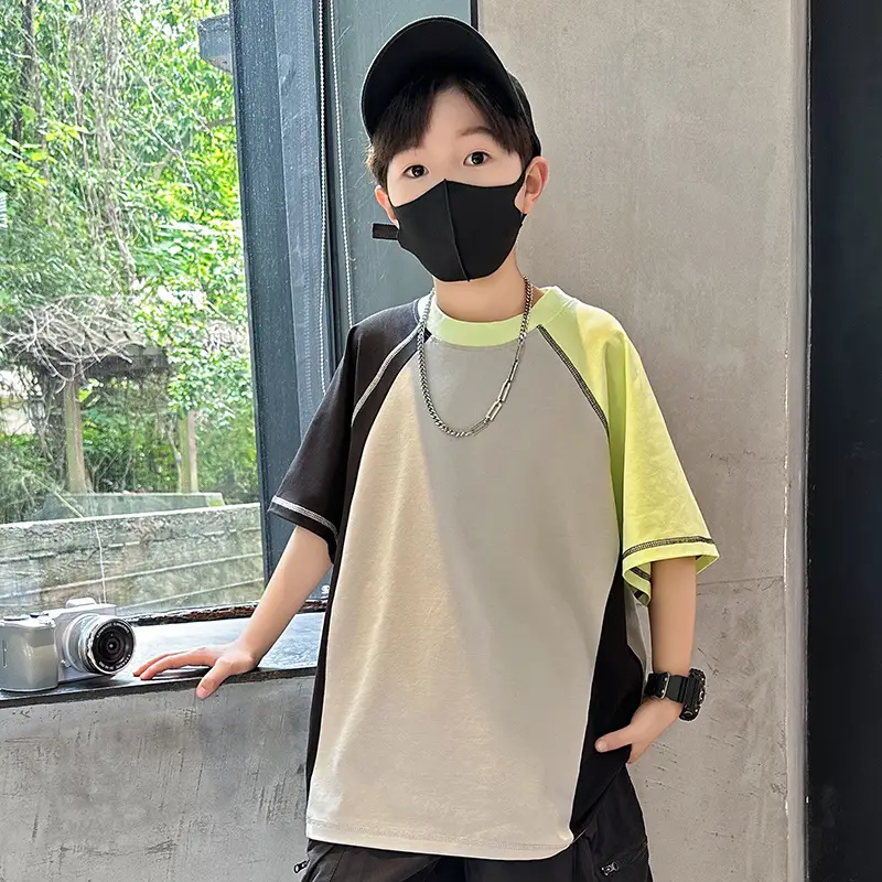 Summer Boys T-shirt Beige Yellow Patchwork Half Sleeve — feature 4