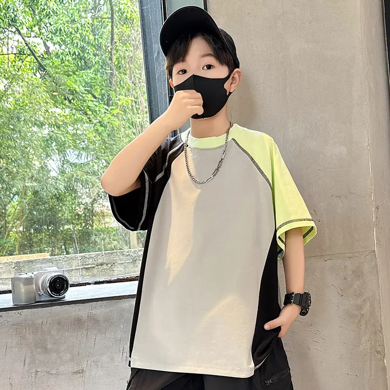 Summer Boys T-shirt Beige Yellow Patchwork Half Sleeve — feature 5