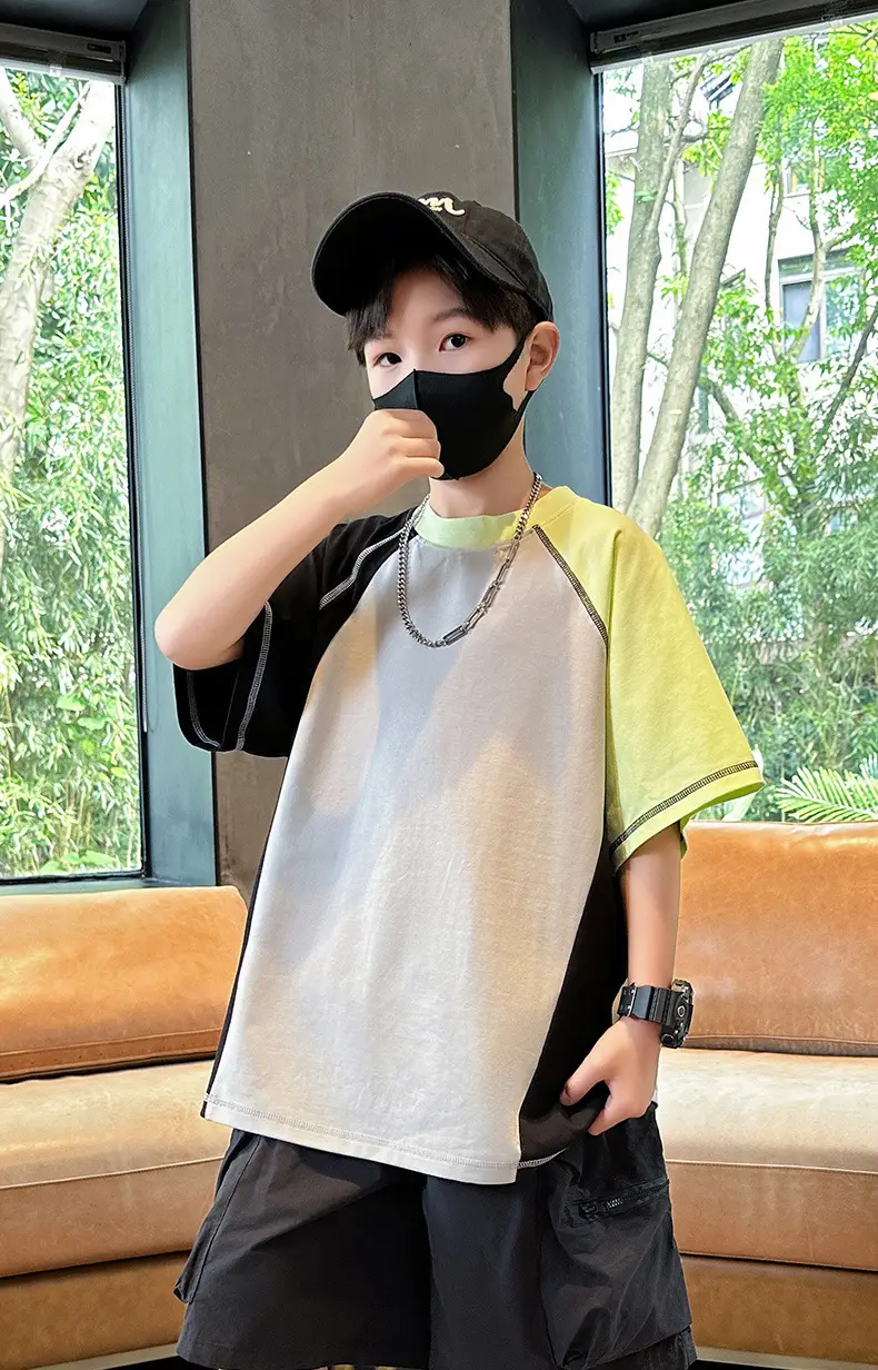 Summer Boys T-shirt Beige Yellow Patchwork Half Sleeve — feature 6
