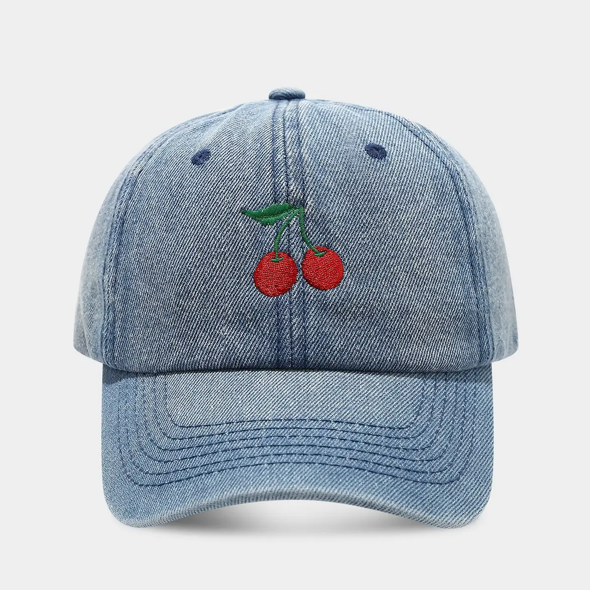Women Cherry Embroidered Denim Baseball Cap - Image 2