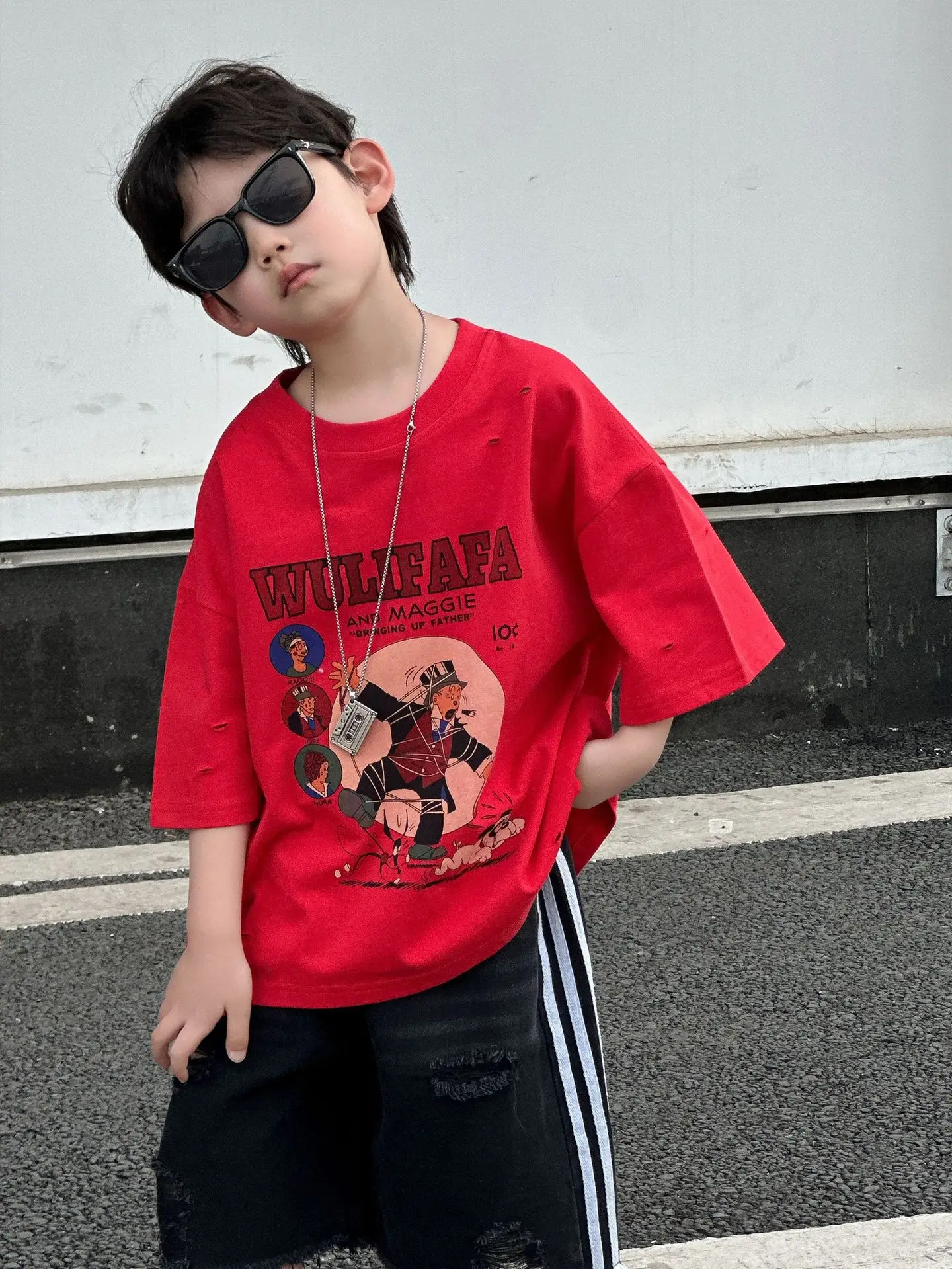Boys Red Graphic T-Shirt Mid Sleeve Summer Wear - Image 2