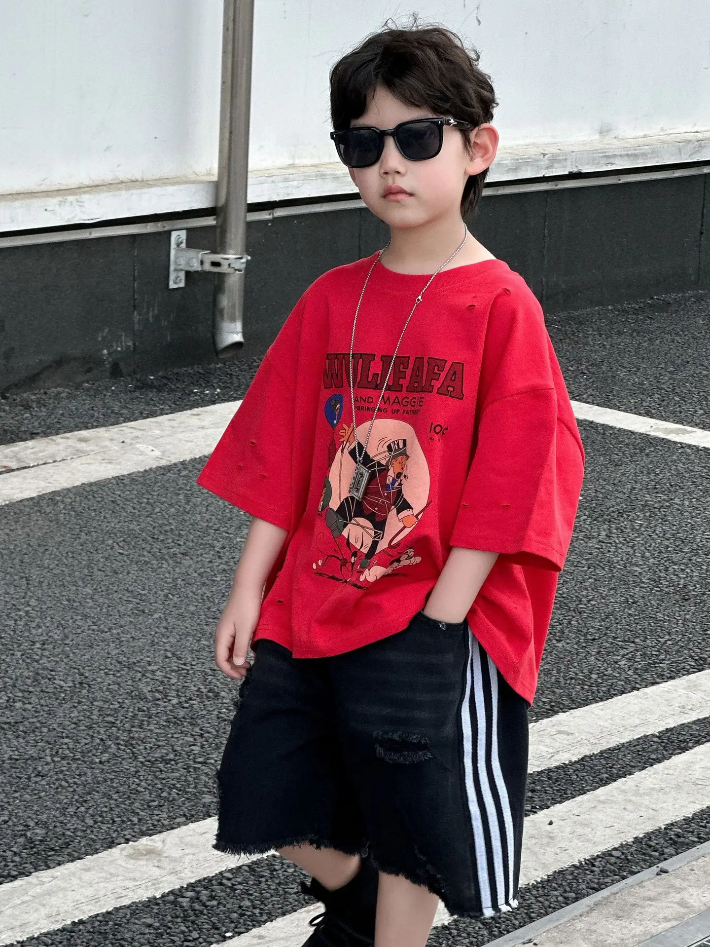 Boys Red Graphic T-Shirt Mid Sleeve Summer Wear - Image 3