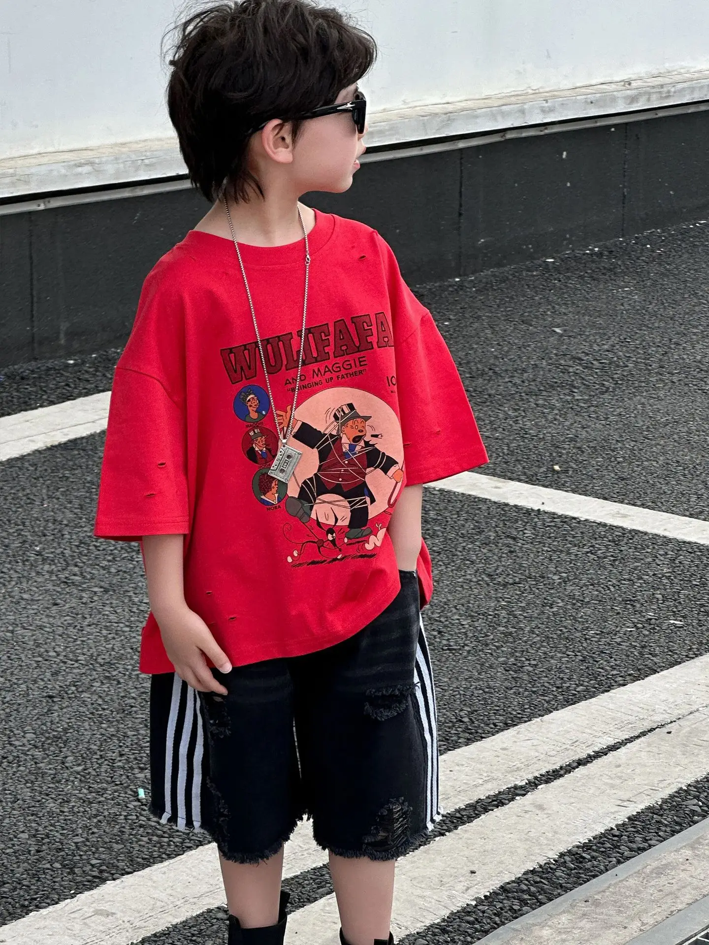 Boys Red Graphic T-Shirt Mid Sleeve Summer Wear - Image 4
