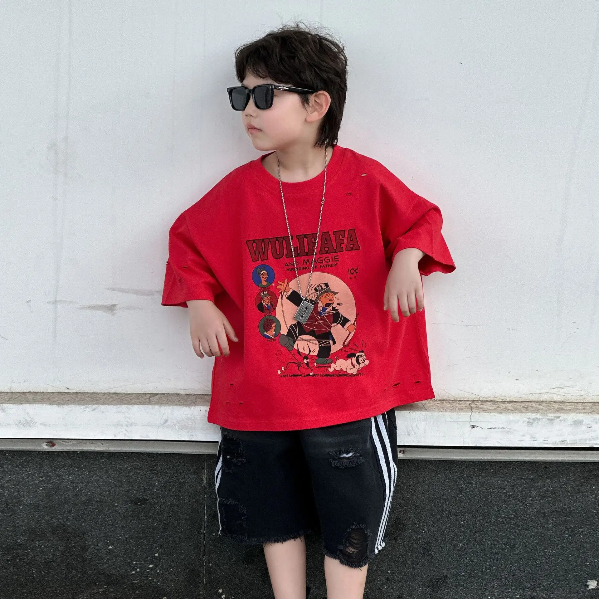 Boys Red Graphic T-Shirt Mid Sleeve Summer Wear — feature 11