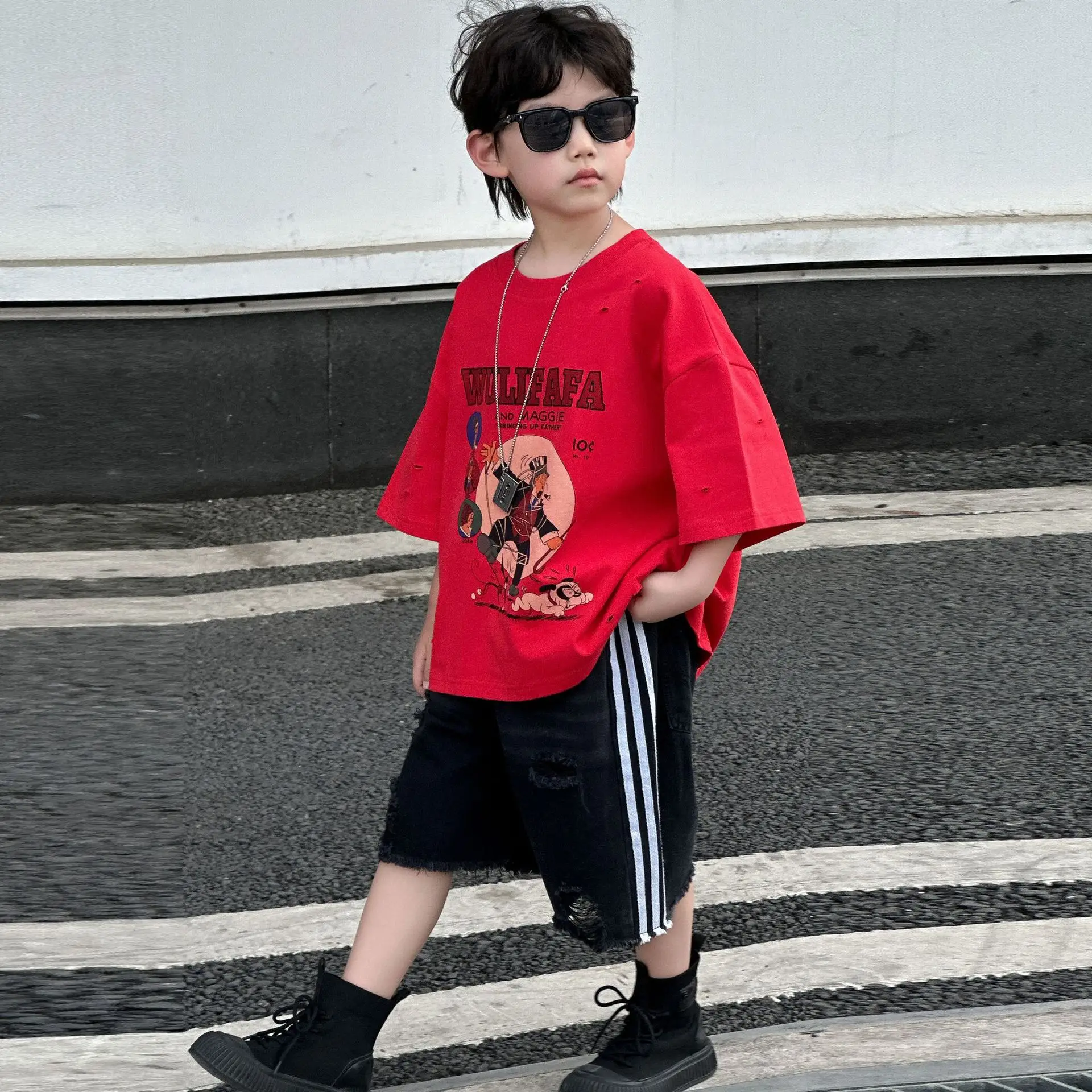 Boys Red Graphic T-Shirt Mid Sleeve Summer Wear — feature 12