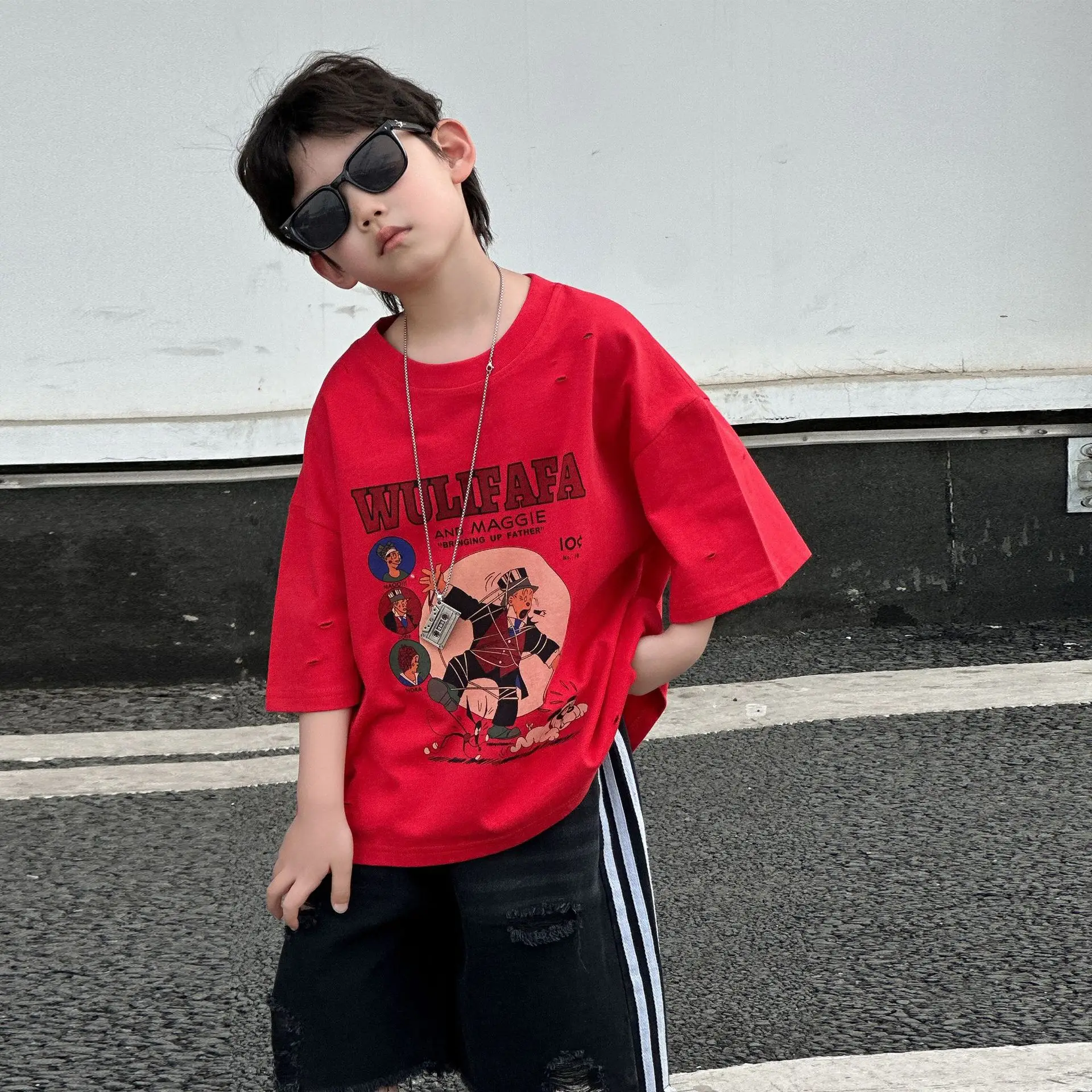 Boys Red Graphic T-Shirt Mid Sleeve Summer Wear — feature 13