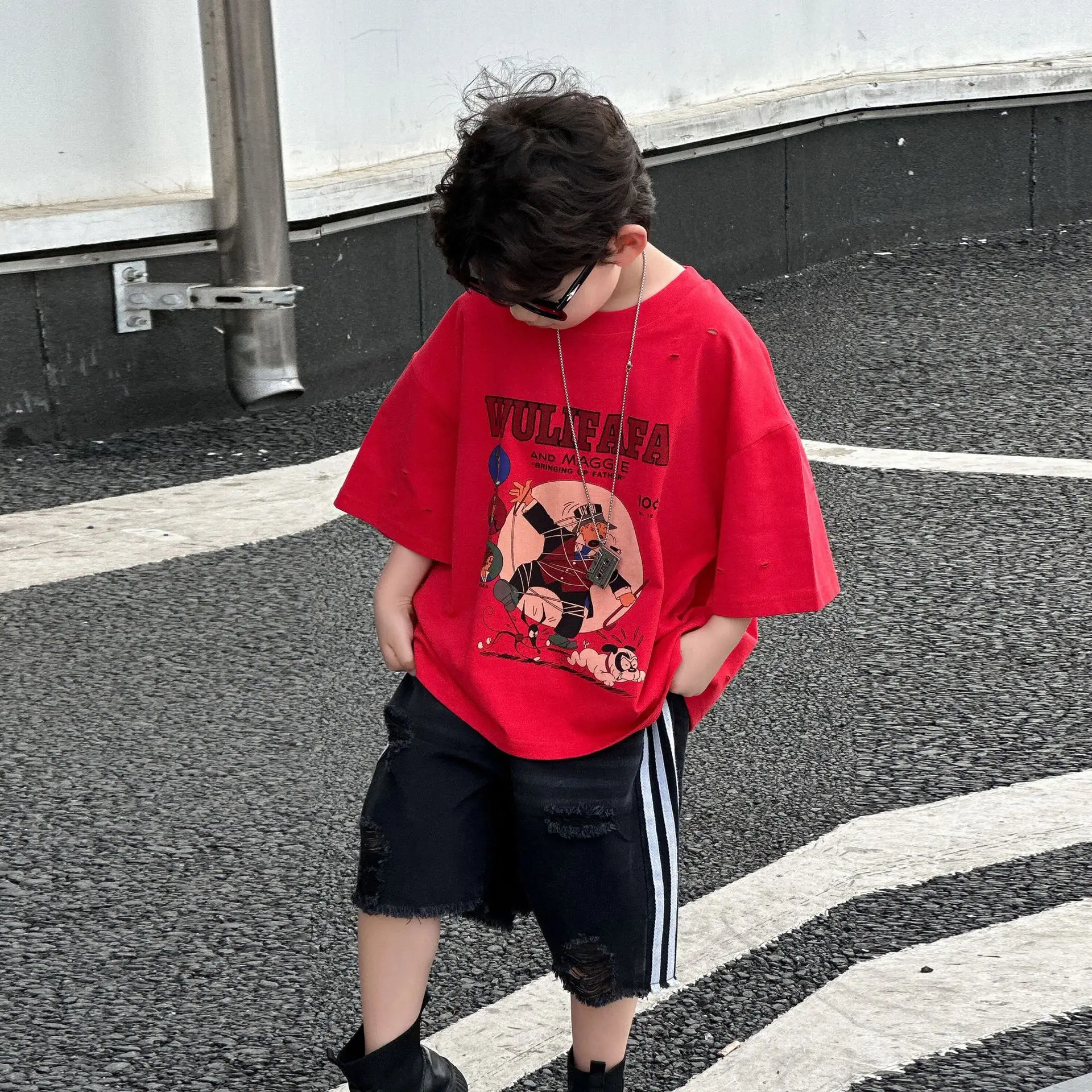 Boys Red Graphic T-Shirt Mid Sleeve Summer Wear — feature 6