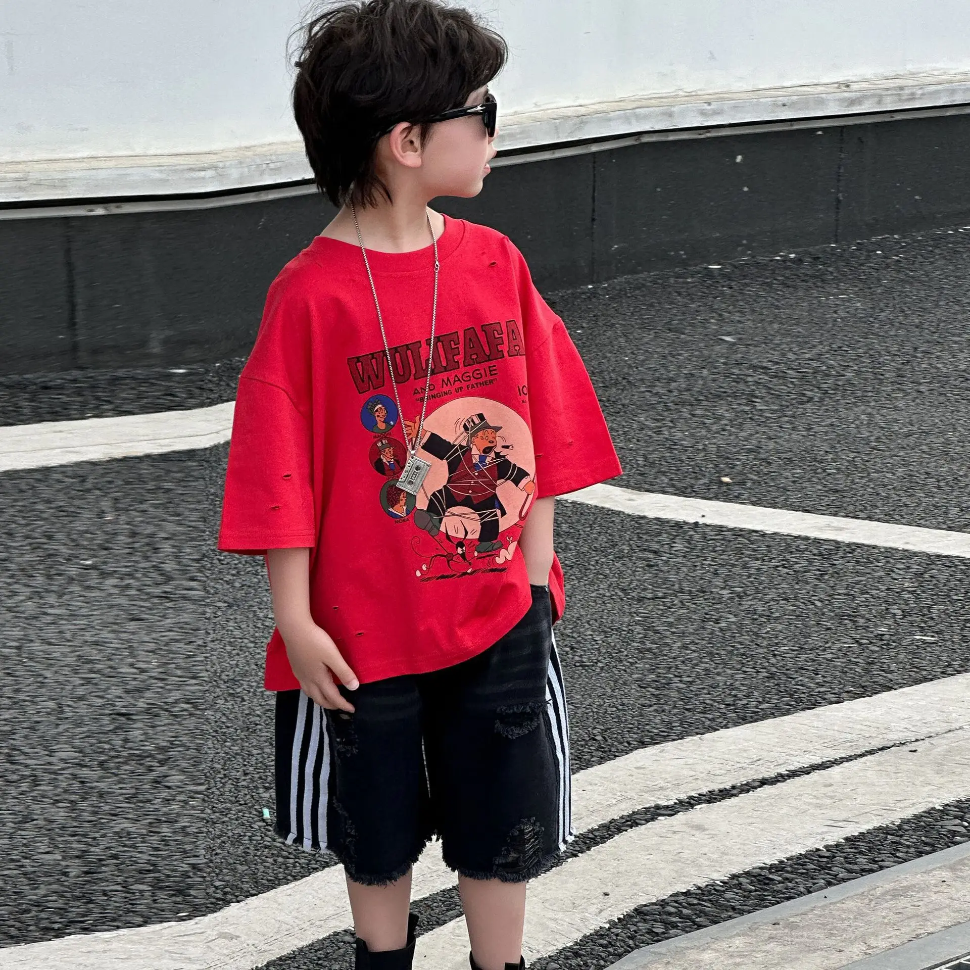 Boys Red Graphic T-Shirt Mid Sleeve Summer Wear — feature 7