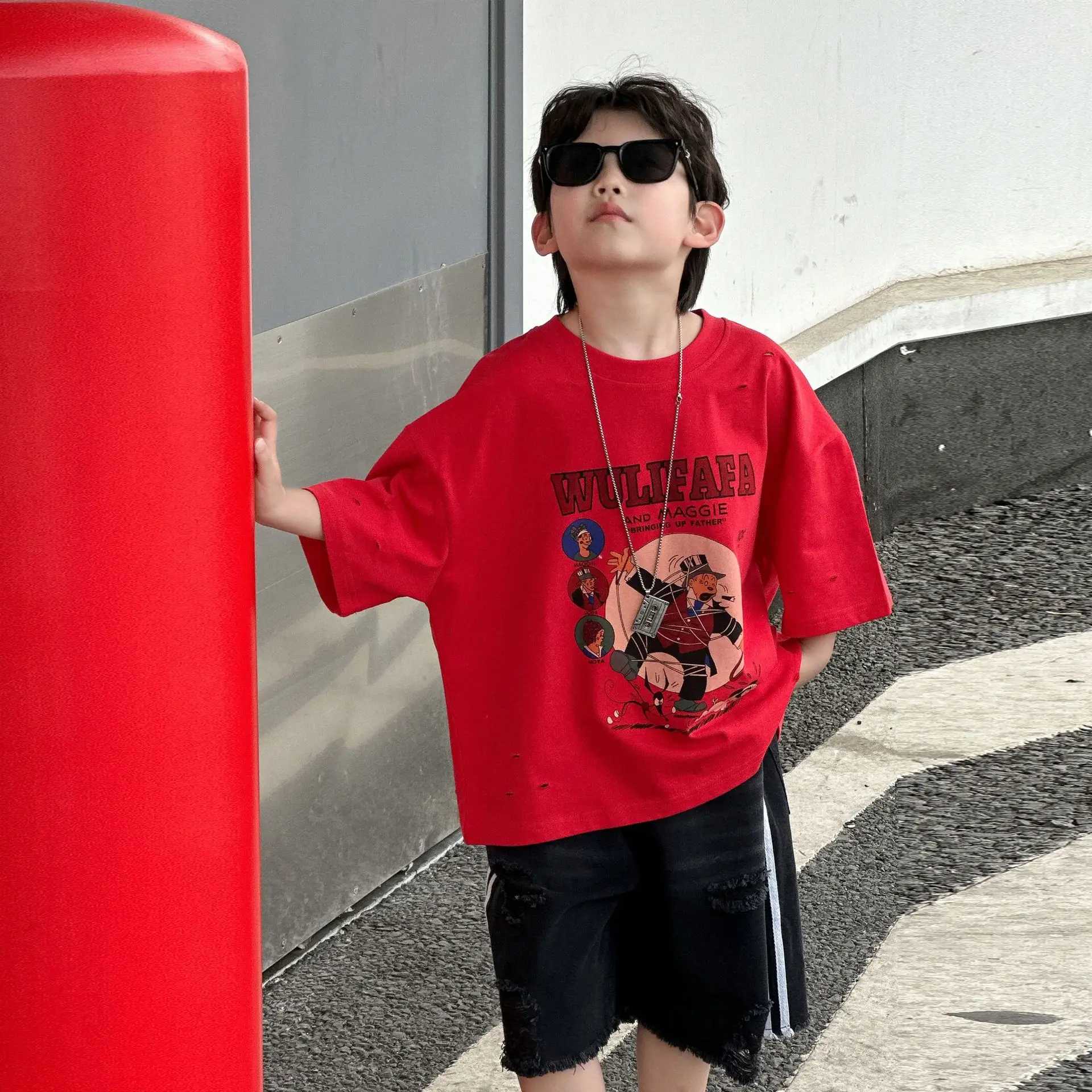 Boys Red Graphic T-Shirt Mid Sleeve Summer Wear — feature 8