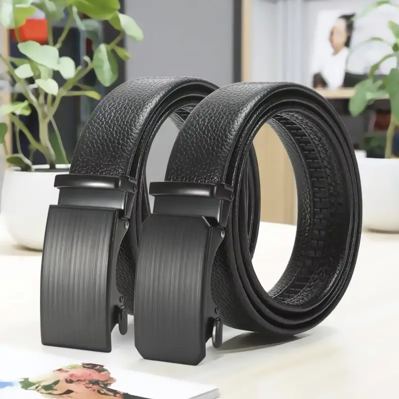 New Men's Black Genuine Leather Belt with Automatic Buckle