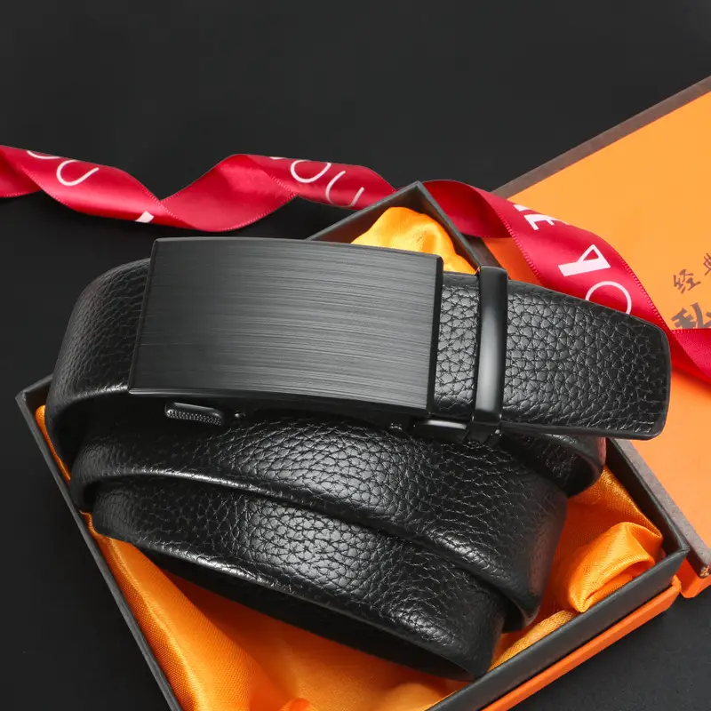 New Men's Black Genuine Leather Belt with Automatic Buckle
