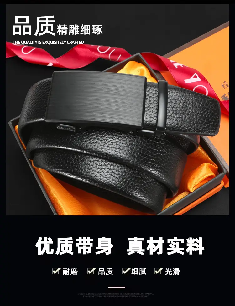 New Men's Black Genuine Leather Belt with Automatic Buckle — feature 3