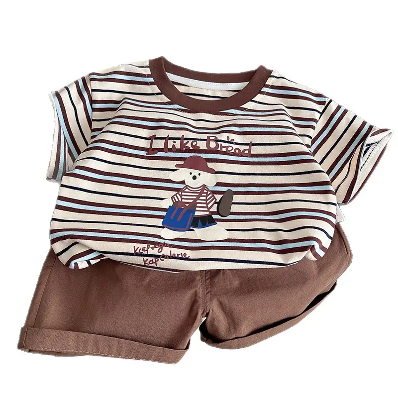 2025 Striped Boys Girls T-Shirt Shorts Set Brown Striped - Image 5